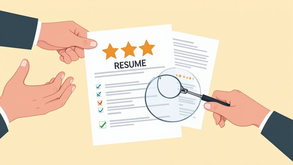 Hands exchange a resume, while another hand reviews it with a magnifying glass.