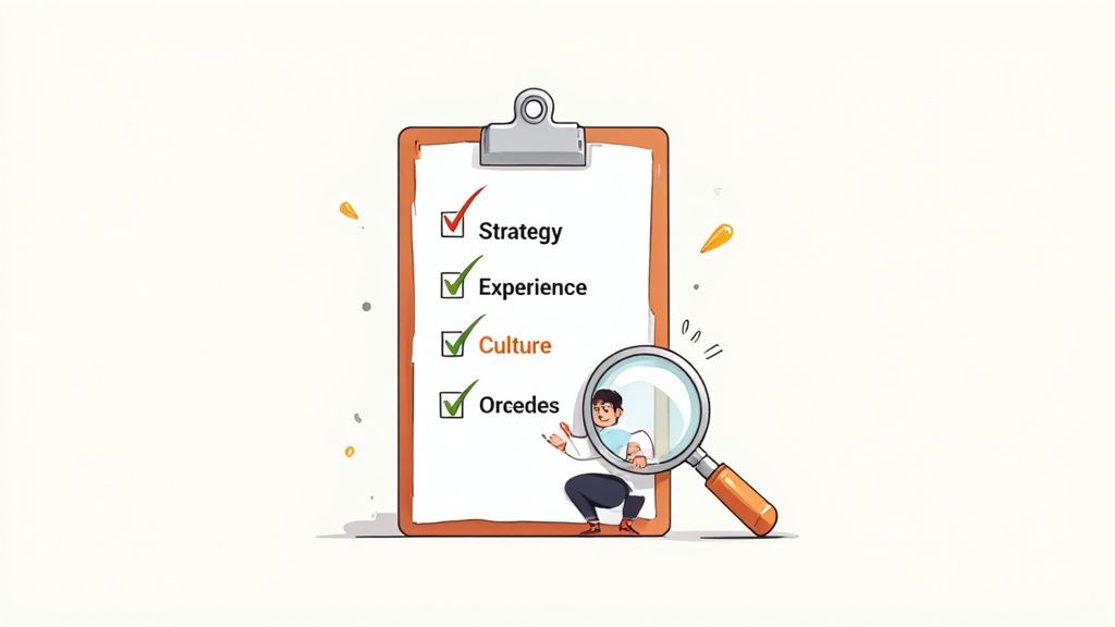 A man scrutinizes a business checklist on a clipboard with both red and green checked items.