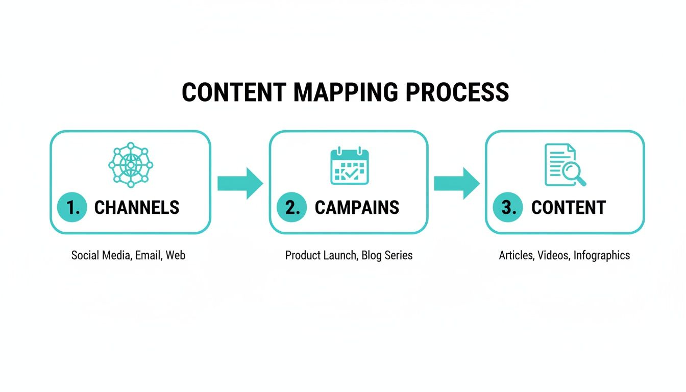 Flowchart detailing the Content Mapping Process: Channels, Campaigns, and Content with examples.