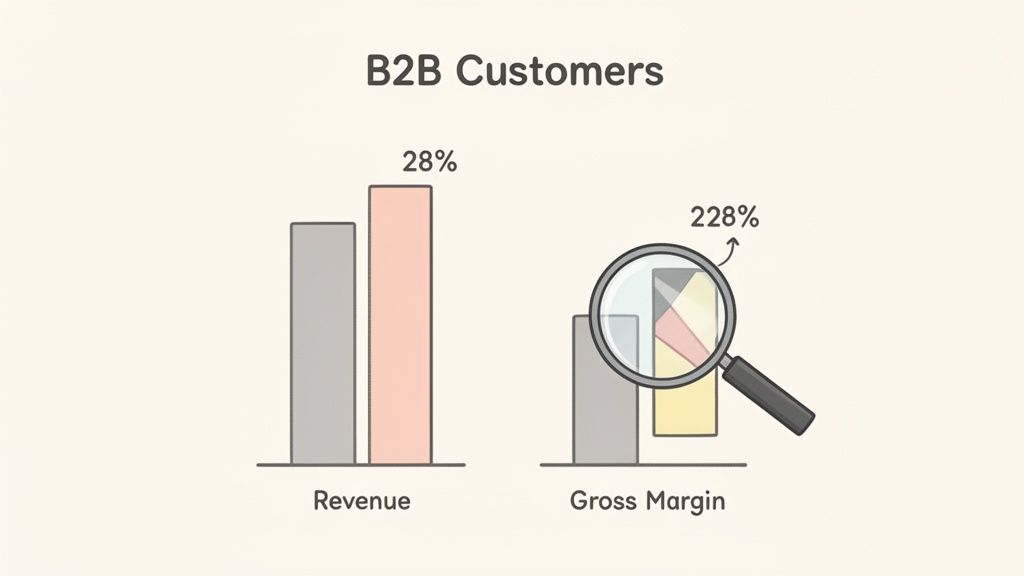 Bar charts showing B2B customer revenue growth of 28% and gross margin growth of 228%.