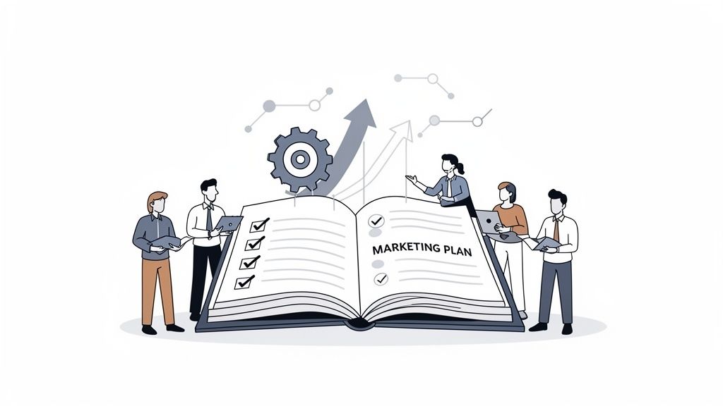 A team of people collaborates around a giant "Marketing Plan" book with checklists, indicating strategy and growth.
