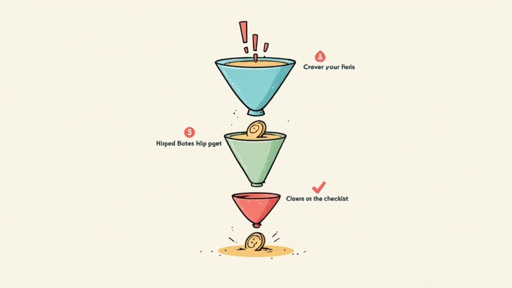 A magnifying glass hovering over a business report, highlighting potential errors or pitfalls.