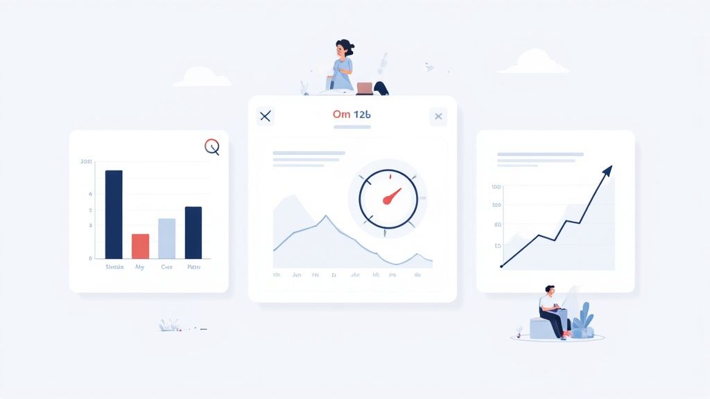 Three data visualization cards displaying various charts and graphs, with people working on computers.