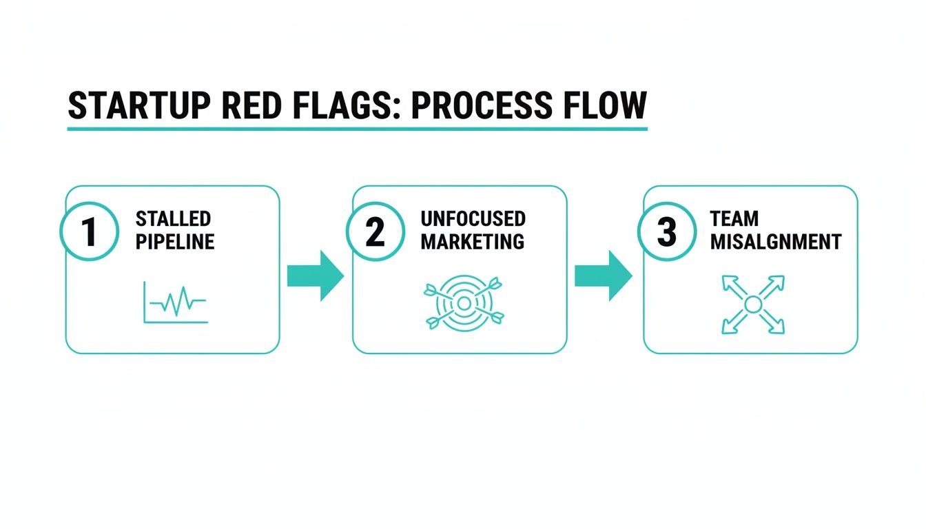 Process flow diagram illustrating three startup red flags: stalled pipeline, unfocused marketing, and team misalignment.