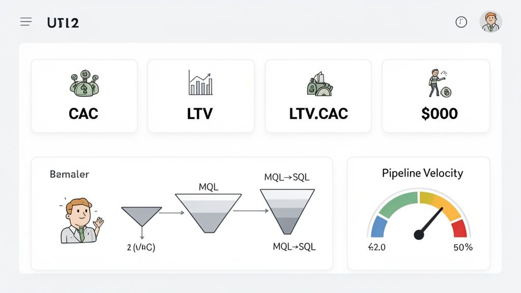 A marketing analytics dashboard displaying key performance indicators like CAC, LTV, conversion funnels, and pipeline velocity.