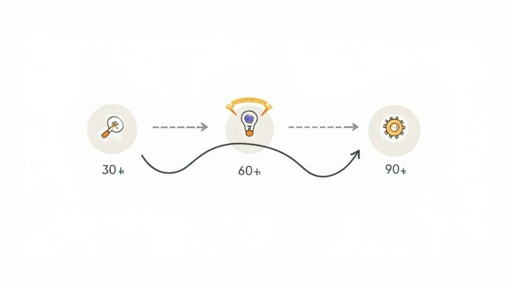 Process diagram with stages: discovery (30+), ideas (60+), and execution (90+).