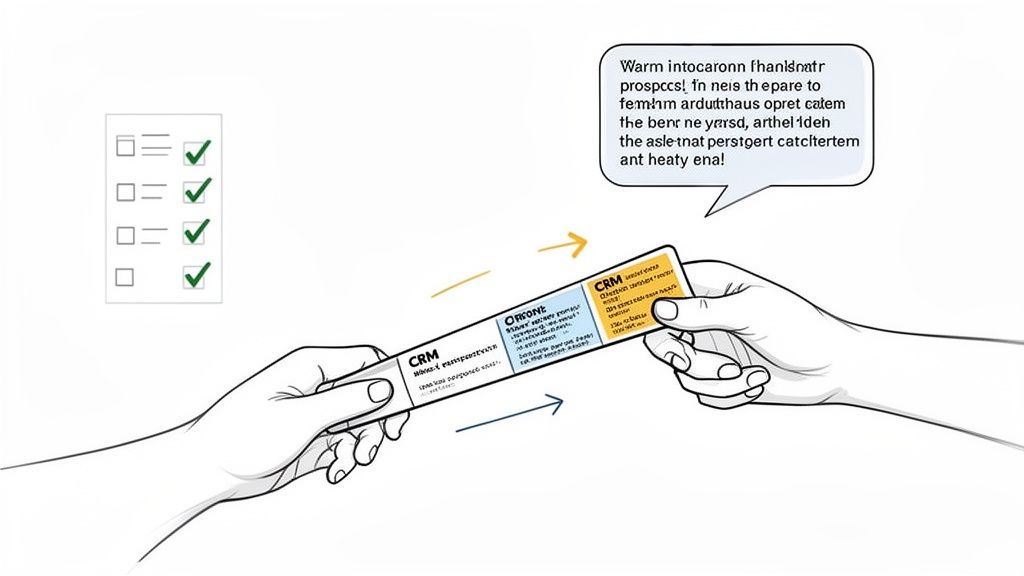 Two hands exchange a CRM card, with a completed checklist and a speech bubble nearby, illustrating a business process.