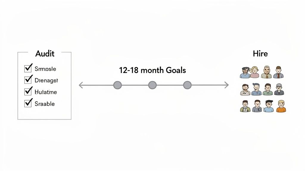A diagram illustrating 12-18 month goals, with an audit checklist and hiring people.