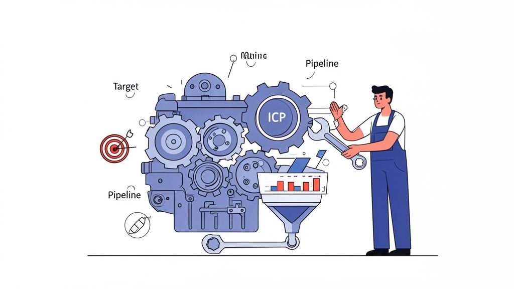 A person adjusts a complex gear machine representing a business process, targeting ICP and pipeline optimization.