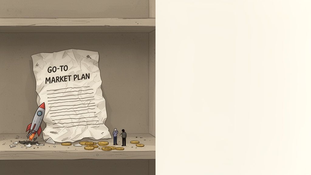 A crumpled 'GO-TO MARKET PLAN' document with a rocket launching, generating gold coins, observed by two figures.