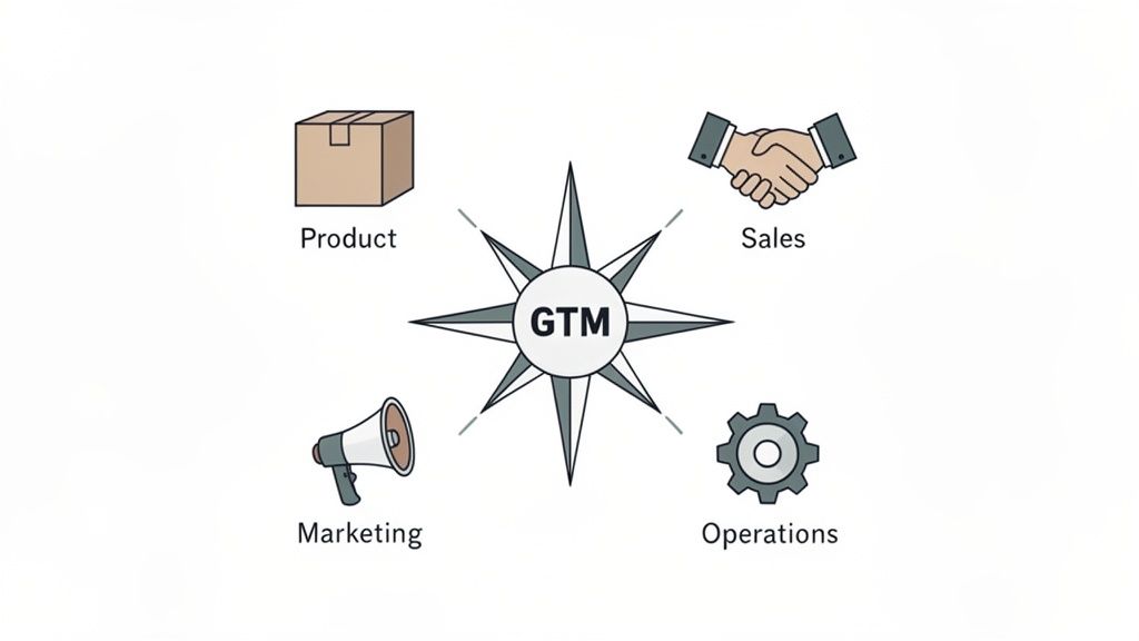 A diagram illustrating the Go-To-Market (GTM) strategy with Product, Sales, Marketing, and Operations components.