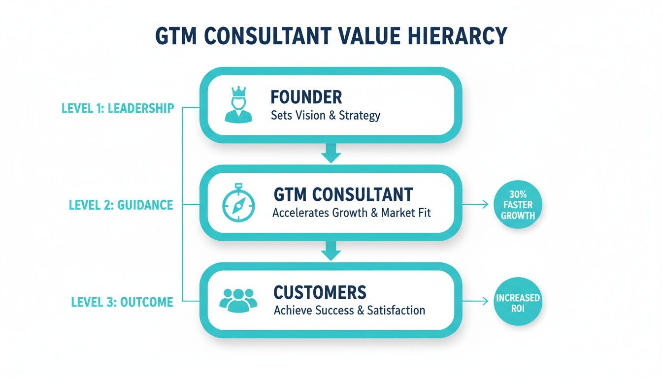 Diagram showing GTM Consultant Value Hierarchy: Founder sets vision, GTM Consultant provides guidance for 30% faster growth, leading to customer success and increased ROI.