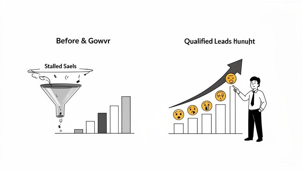 Comparison of a stalled sales funnel with low output and a graph showing increased qualified leads.