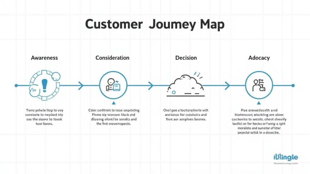 A customer journey map illustrating stages: Awareness, Consideration, Decision, and Advocacy with icons.