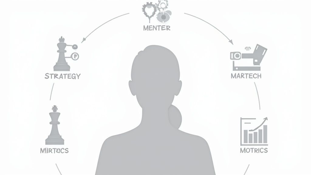 A person silhouette surrounded by a circular diagram of strategy, martech, metrics, and mentorship.