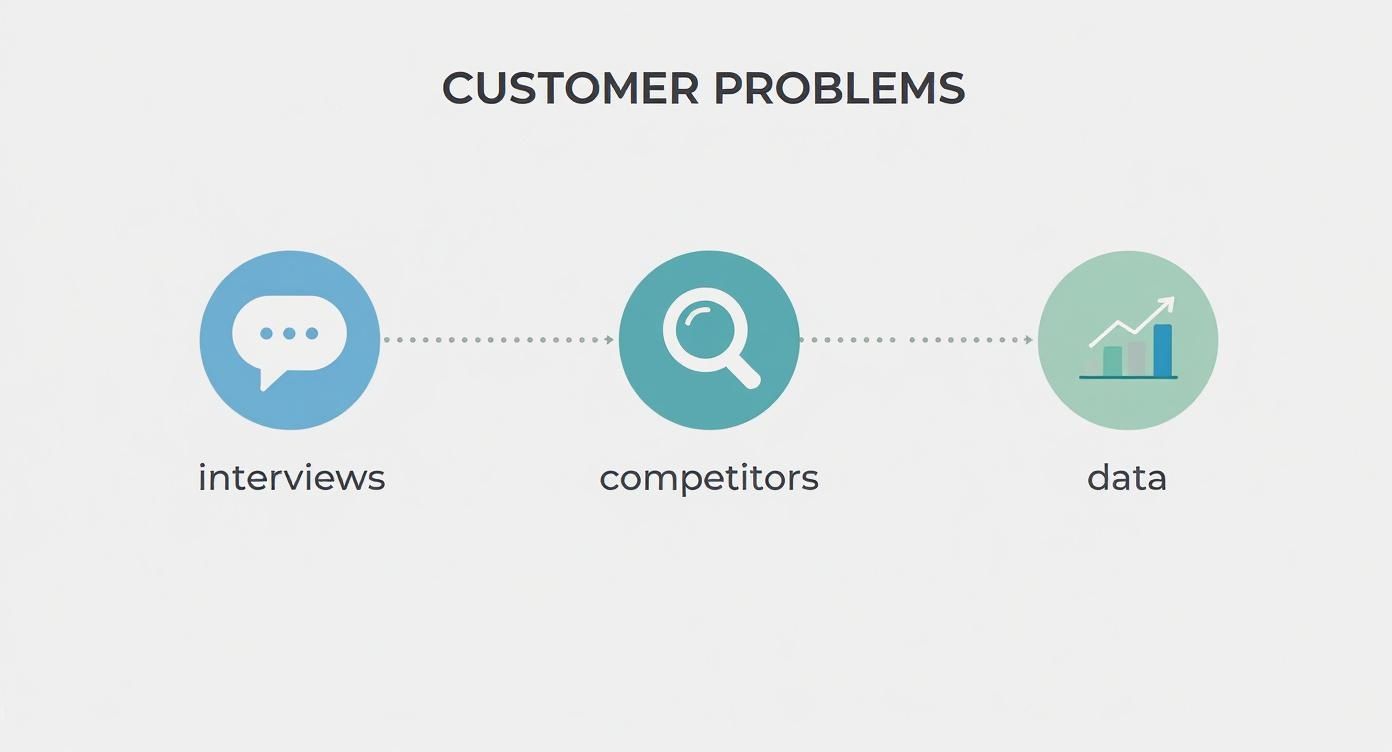 Infographic showing how customer interviews, competitor analysis, and data analysis combine to reveal customer problems.