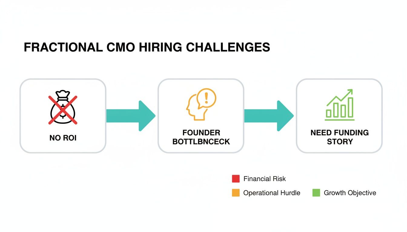 Flowchart outlining challenges in hiring a fractional CMO: no ROI, founder bottleneck, and needing a funding story.