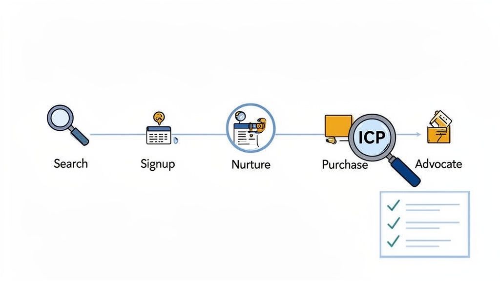 A marketing and sales funnel showing customer journey stages: search, signup, nurture, purchase, and advocate.