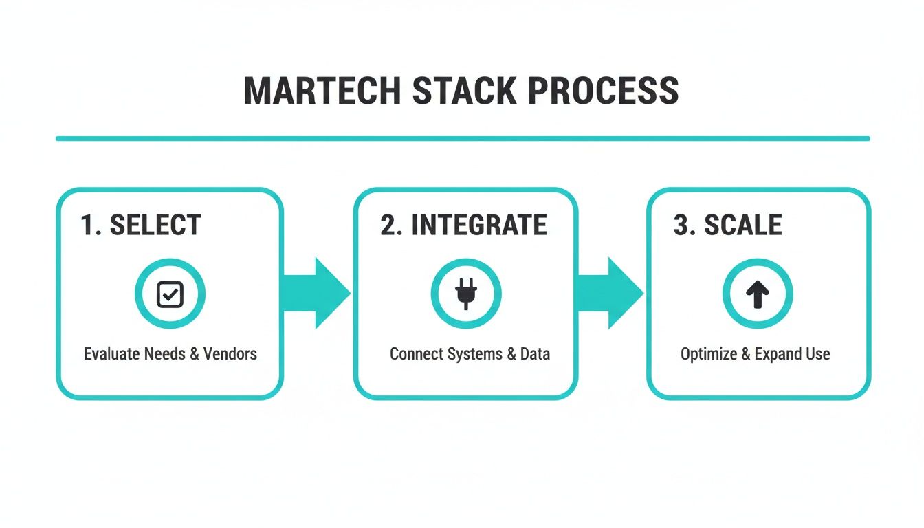 Diagram illustrating the MarTech stack process with three steps: select, integrate, and scale for marketing technology.