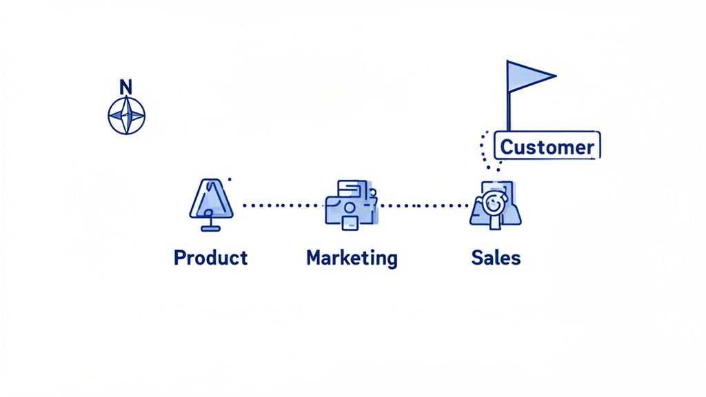 A diagram showing the linear flow from Product to Marketing to Sales, ultimately leading to the Customer, with a compass.