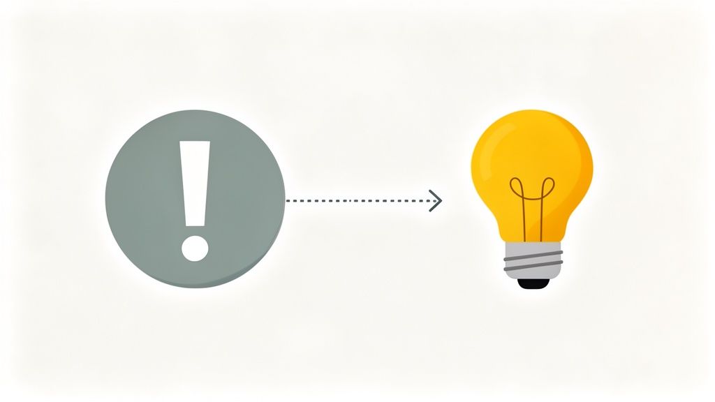 A gray circle with an exclamation mark pointing to a yellow light bulb, symbolizing problem to idea.