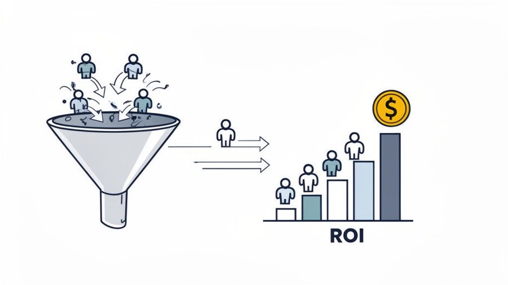 An illustration of a sales funnel converting prospects into customers, leading to increased ROI and revenue.