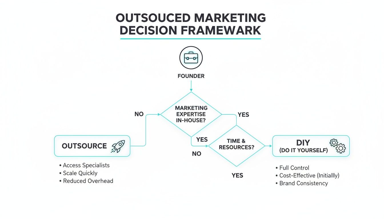 Flowchart illustrating an outsourced marketing decision framework for founders to choose between DIY or outsourcing.