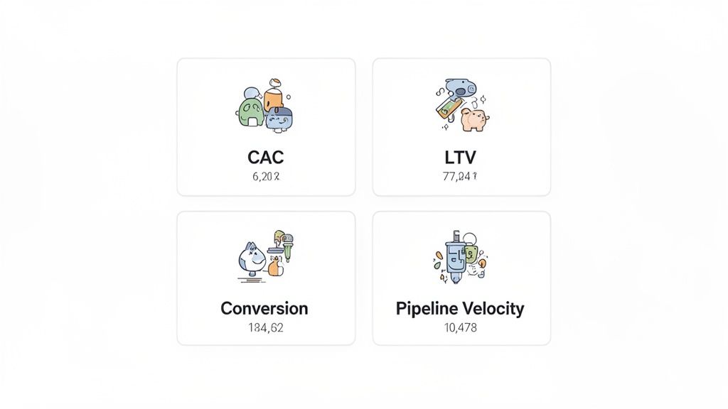 Four cards displaying key marketing metrics: CAC, LTV, Conversion, and Pipeline Velocity with their values.