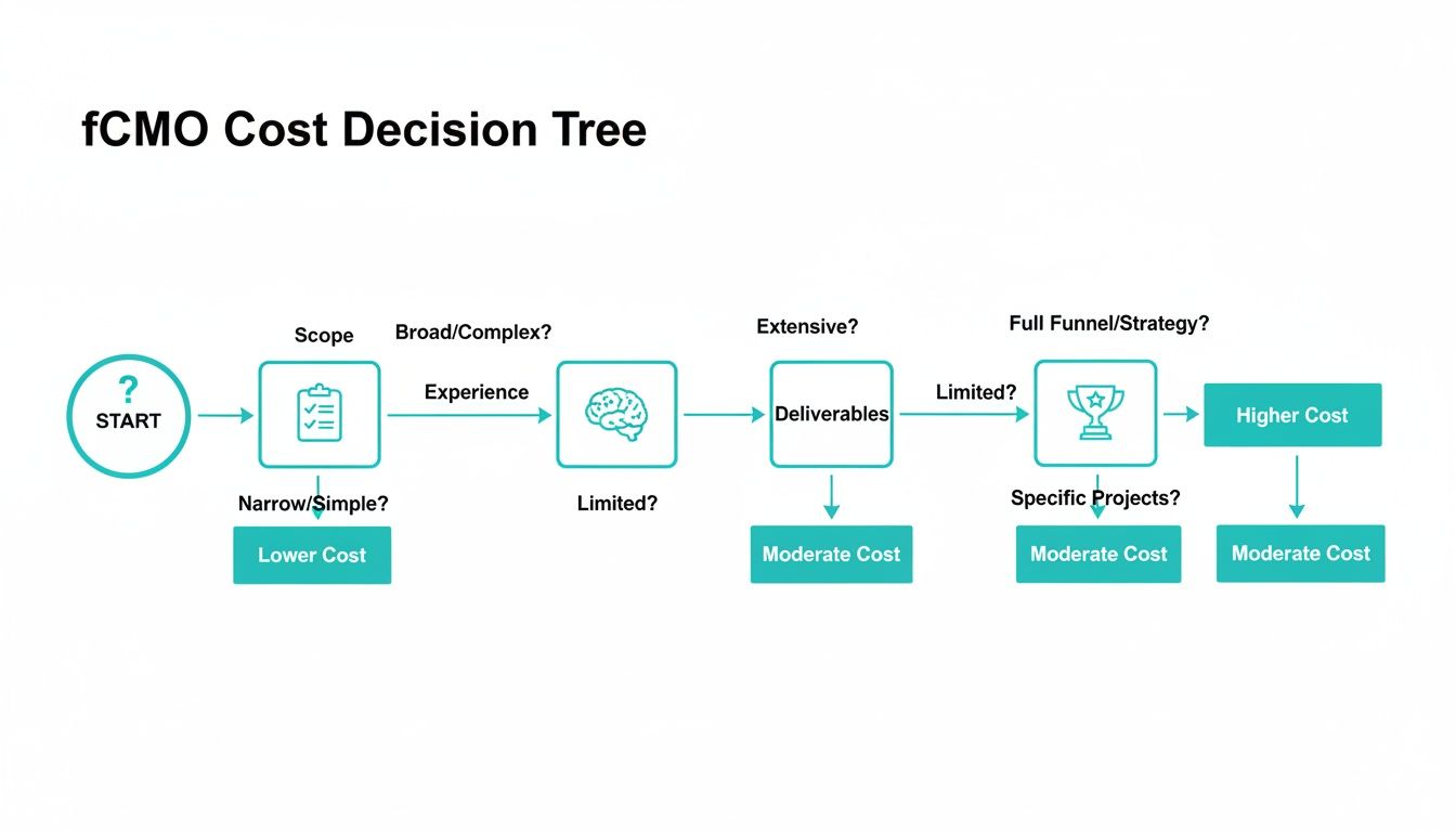 A decision tree flowchart illustrating factors determining fCMO cost: scope, experience, deliverables, and strategy.