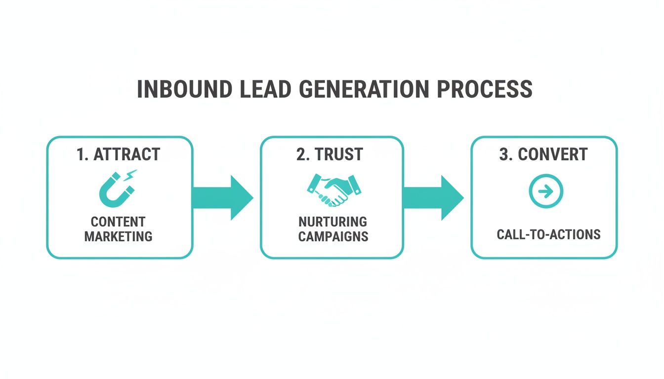 Flowchart illustrating the inbound lead generation process: Attract, Trust, Convert steps.
