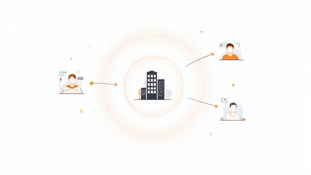 Remote workers connecting to central office building through digital network illustration