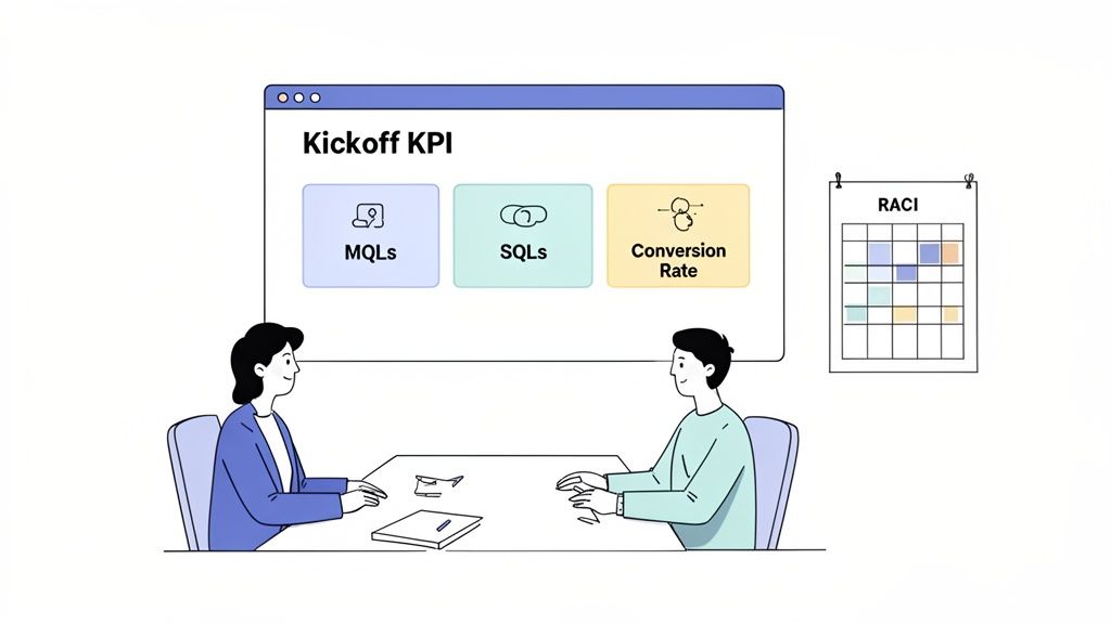 Two business people discuss marketing KPIs, including MQLs, SQLs, and conversion rate, with a RACI matrix.