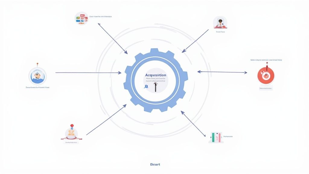 B2B customer acquisition strategy diagram showing multiple marketing channels connecting to central gear system