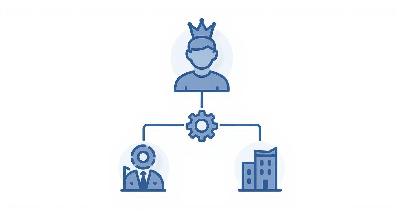 Blue icons showing a crowned leader overseeing operations impacting a professional and business.