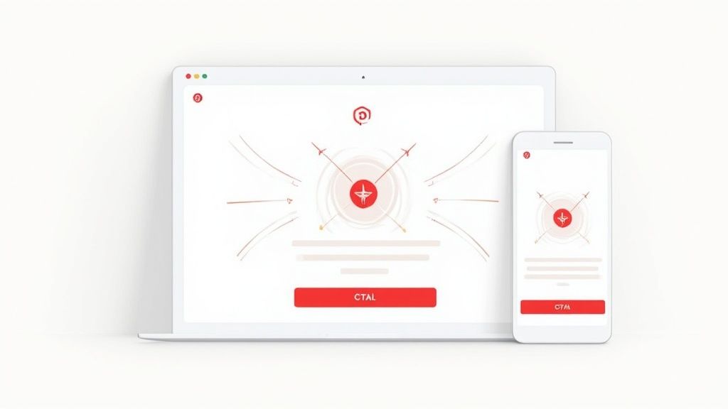 A person's hand holding a smartphone, with a website's user interface design elements floating around it.