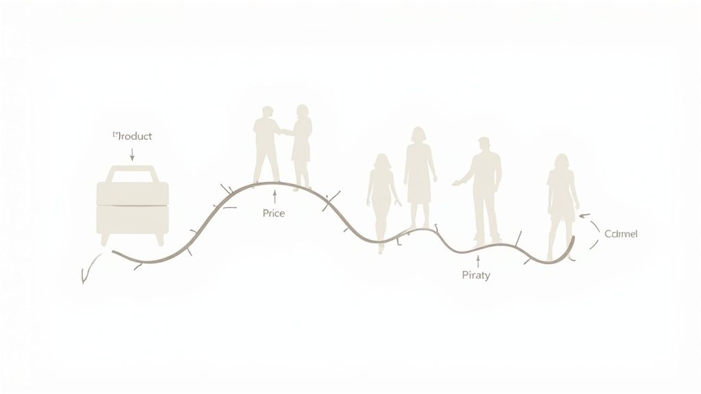Illustration of a product's market journey with a car, people silhouettes, and labels like Price and Piracy.