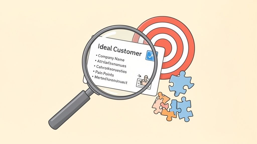 Magnifying glass examines an 'Ideal Customer' profile card, revealing details like pain points, with a target and puzzle pieces.