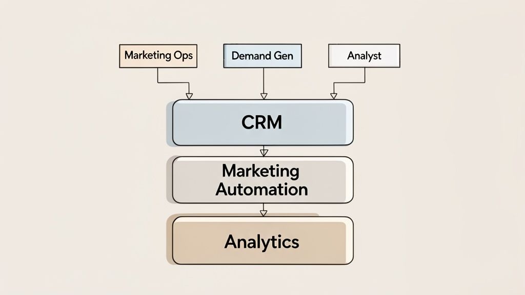 Flowchart showing marketing operations, demand generation, and analyst roles feeding into CRM, marketing automation, and analytics.