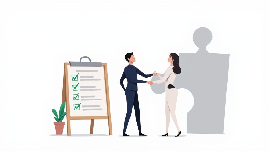 Two business professionals shaking hands next to a completed checklist and a large puzzle piece.