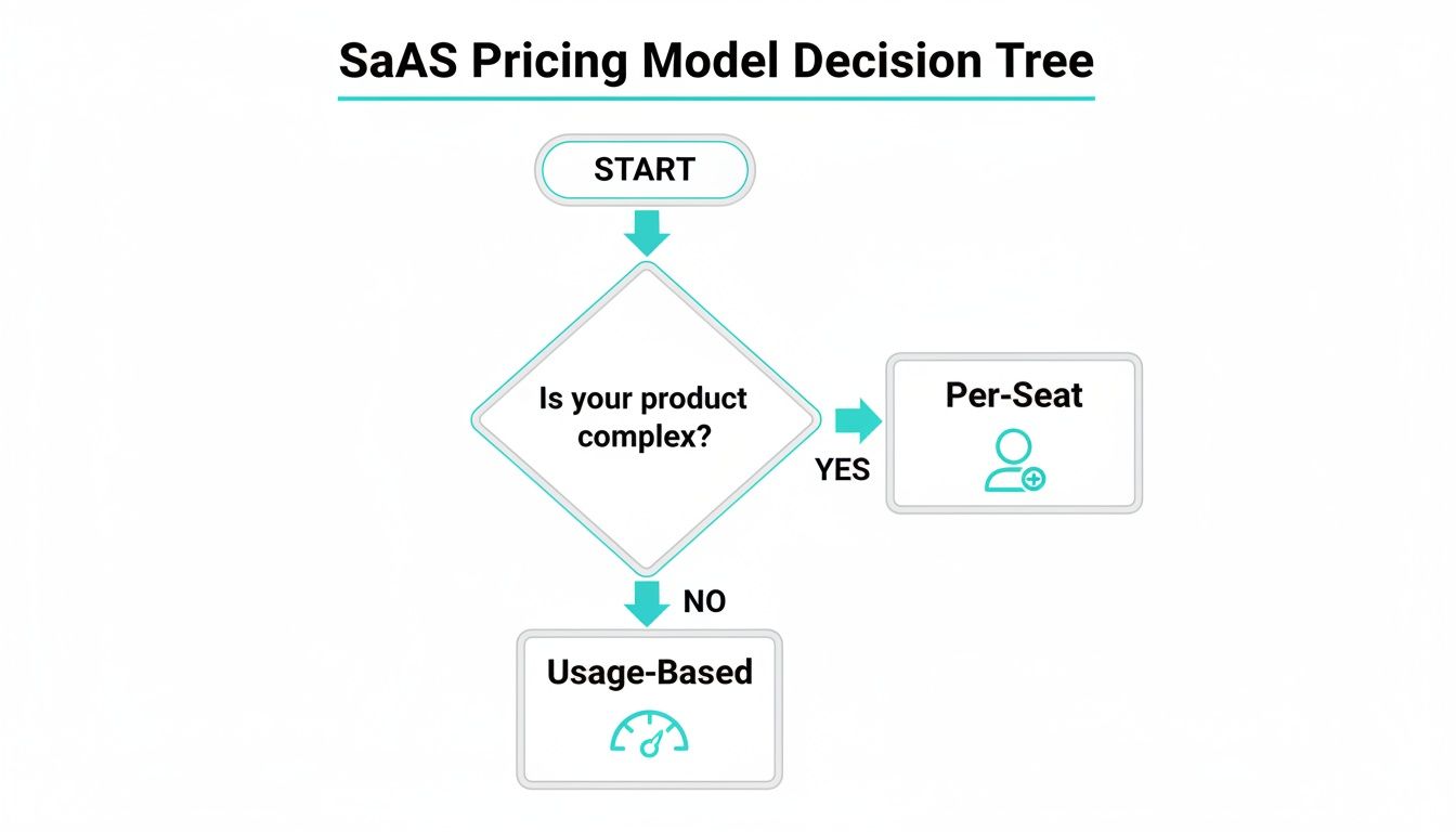 A SaaS pricing model decision tree diagram for choosing between per-seat and usage-based models.