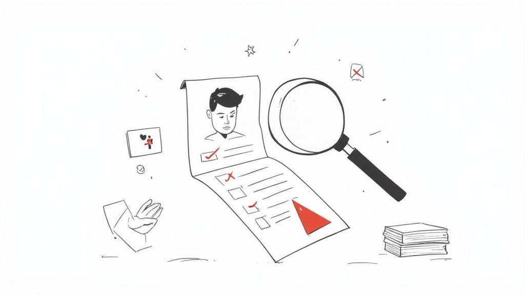 Hand-drawn illustration of an application document with a person's profile, being scrutinized by a magnifying glass.