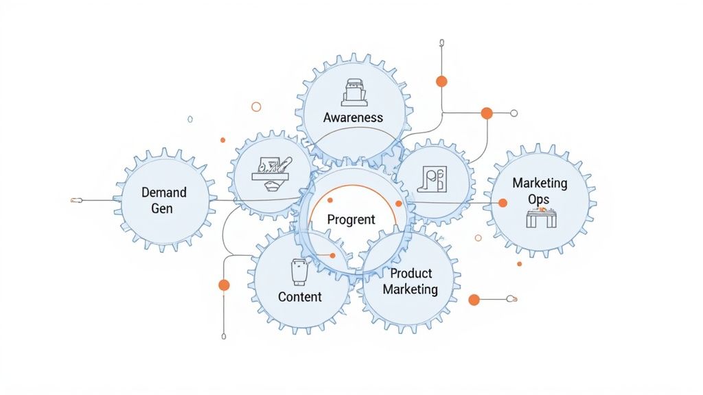 An illustrated blueprint of a marketing team structure on a desk with coffee and glasses.