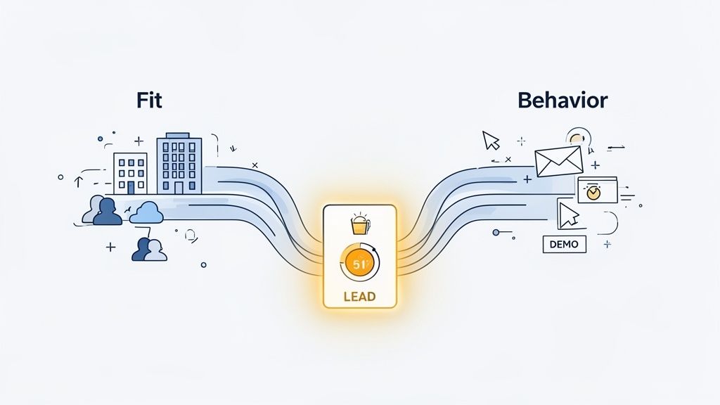 Visualizing how 'Fit' (demographics) and 'Behavior' (engagement) data combine to create a scored lead.