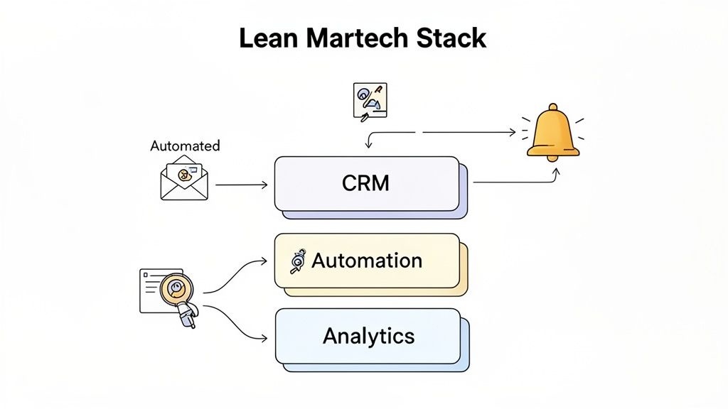 A workflow diagram titled 'Lean Martech Stack' showing automated emails, CRM, automation, analytics, and notifications.