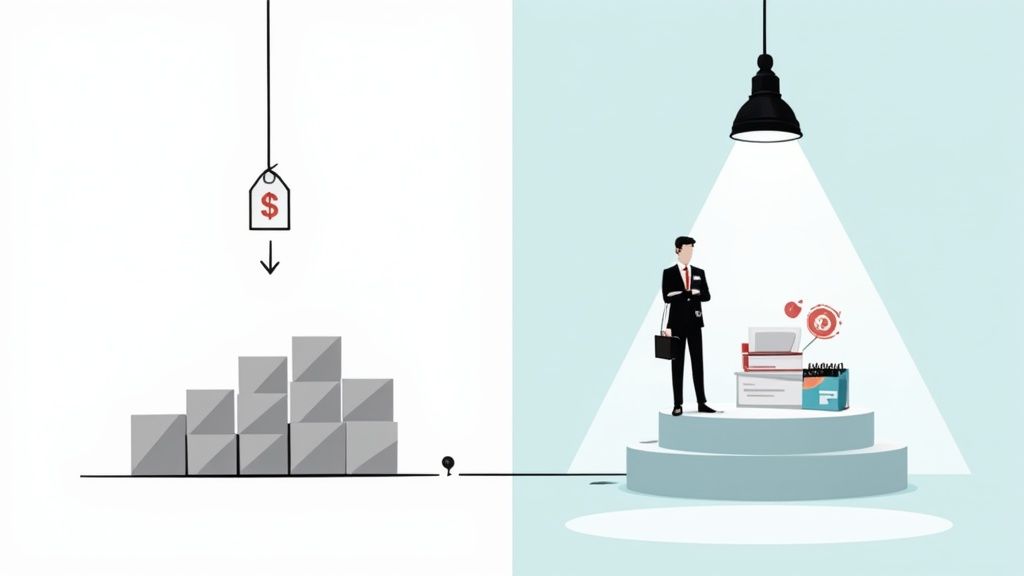 Business professional standing on an elevated platform under a spotlight with strategic pricing and market positioning elements
