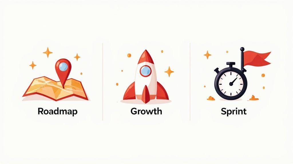 Three illustrations: roadmap (map with pin), growth (rocket), and sprint (stopwatch with flag).