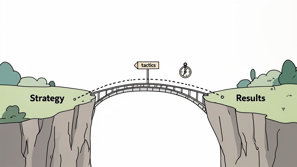 A bridge labeled 'tactics' connects 'Strategy' to 'Results' over a chasm, illustrating the path.