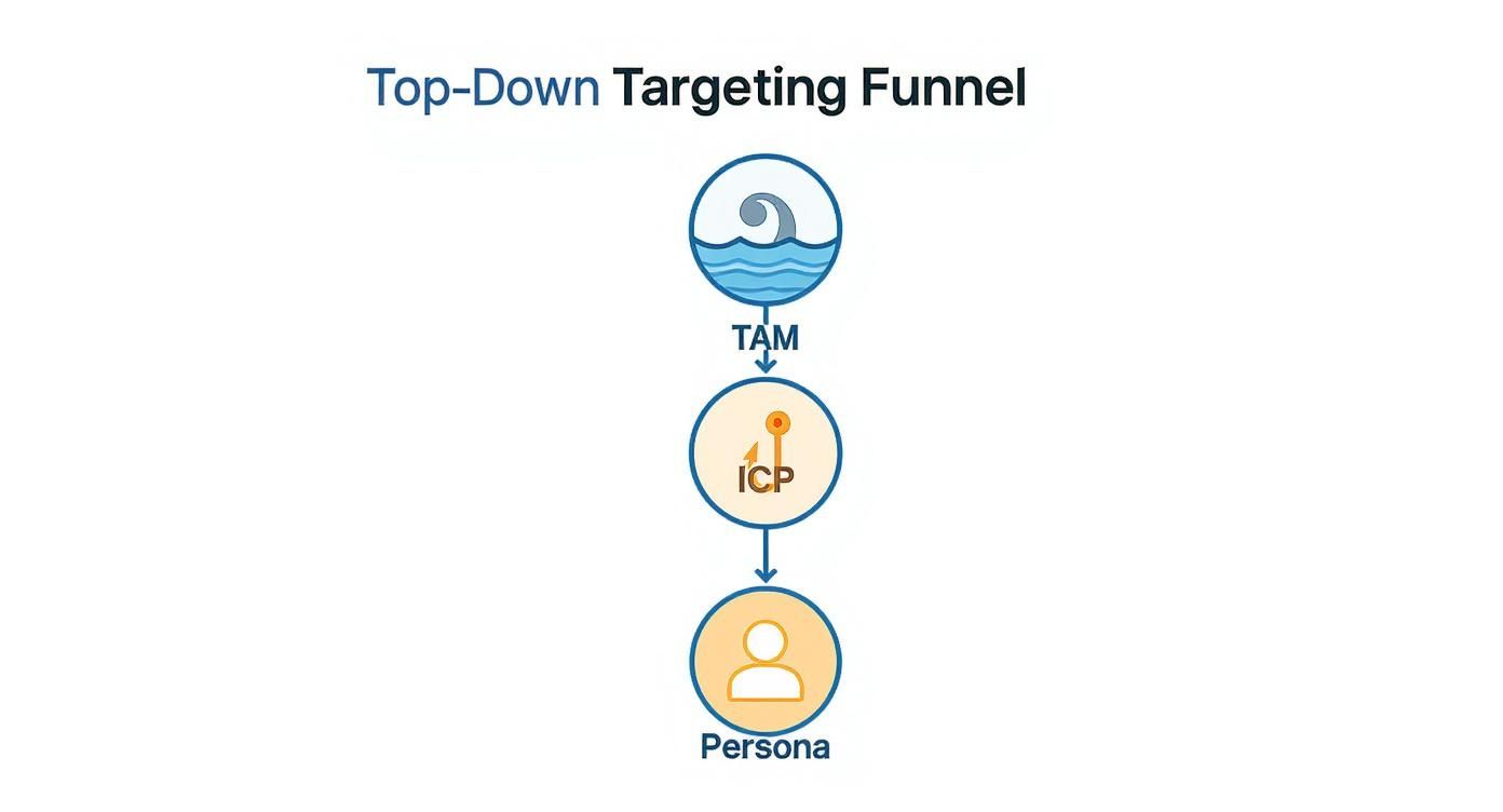 Top-down targeting funnel diagram showing TAM, ICP, and Persona levels for marketing strategy