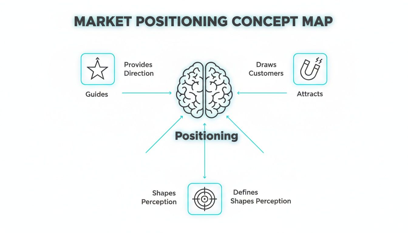 A market positioning concept map illustrating how positioning guides direction, attracts customers, and shapes perception.