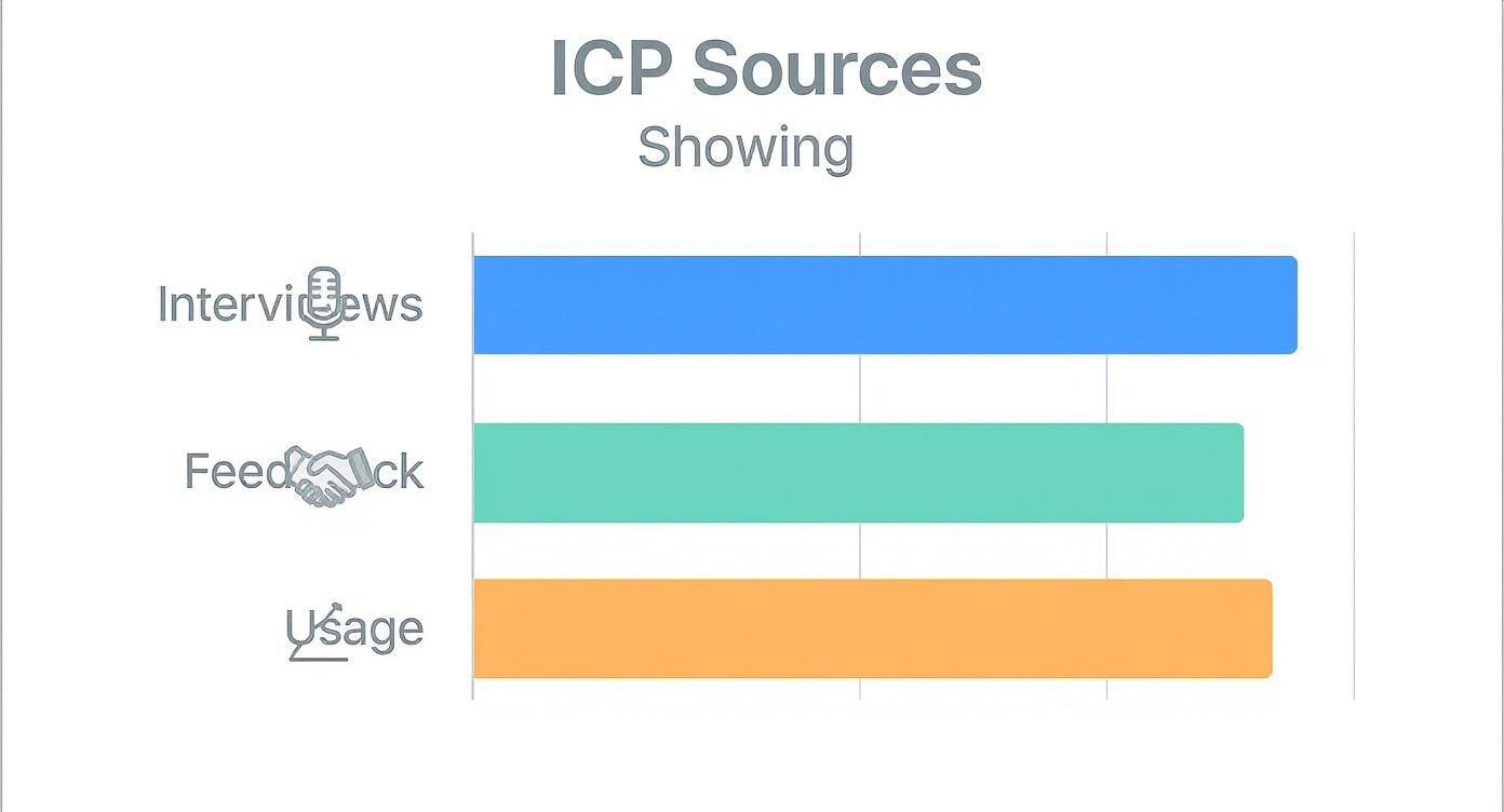 Infographic showing that customer interviews, sales feedback, and product usage data are key sources for defining an Ideal Customer Profile.